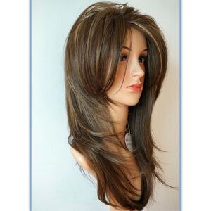 24” Long Synthetic Wig Layered Light Brown Highlights Soft Heat Resistant NEW